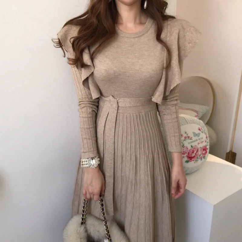 

Winter Women Sweater Fairy Dress Ruffles Long Sleeve A Line Pleated Dresses Lady Slim Waist Solid O-Neck Casual Mid-Calf Dress