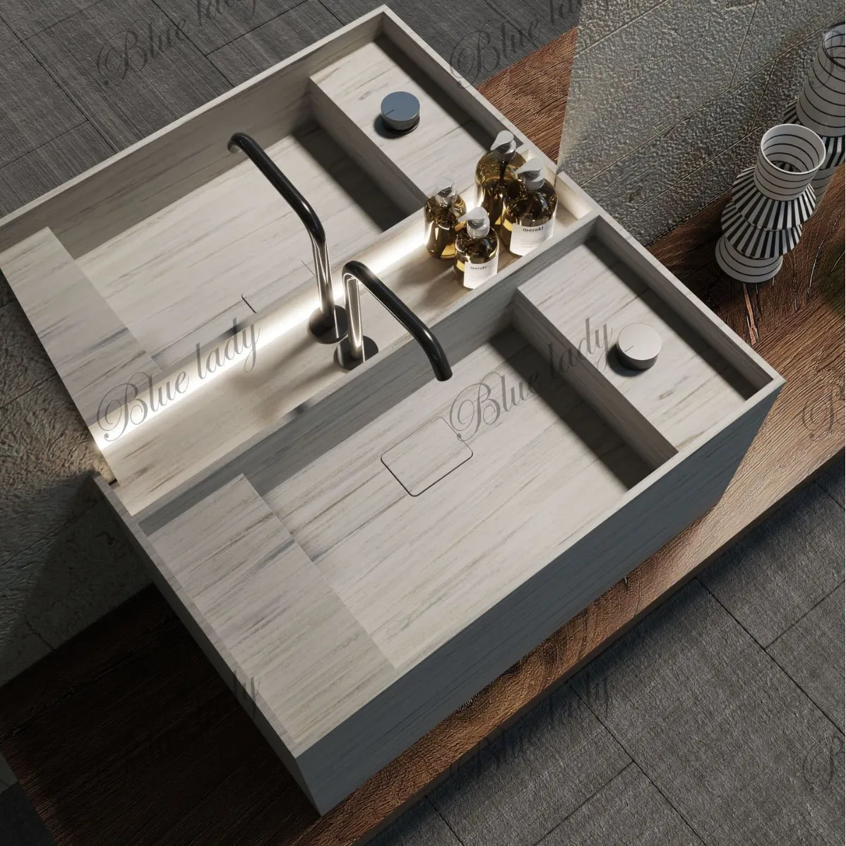 

Wabi Sand travertine simple new wash basin home B & B hotel designer ins walnut flat bottom