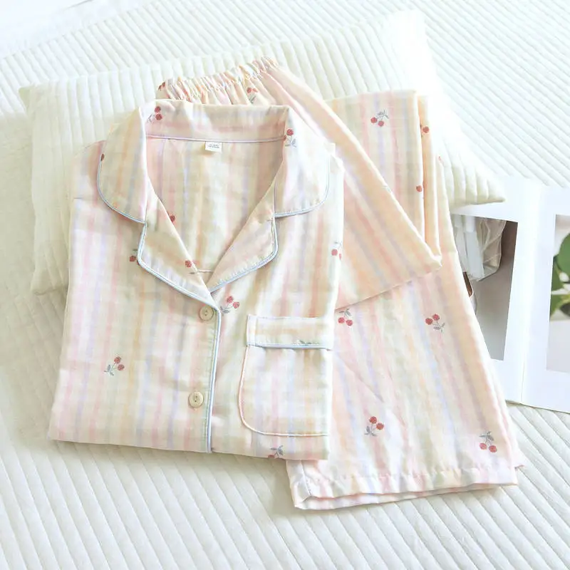 Women's Sleepwear Set | Vintage Floral Gauze Pajamas | Soft Double Cotton Long Sleeve Top & Pants Relaxed Fit Plus Size Home Wea