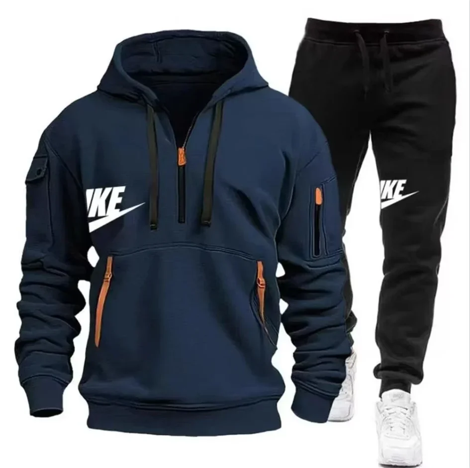 2026   New autumn and winter men's long-sleeved pullover hoodie + pants 2-piece fashionable outdoor running men's sportswear set image 3
