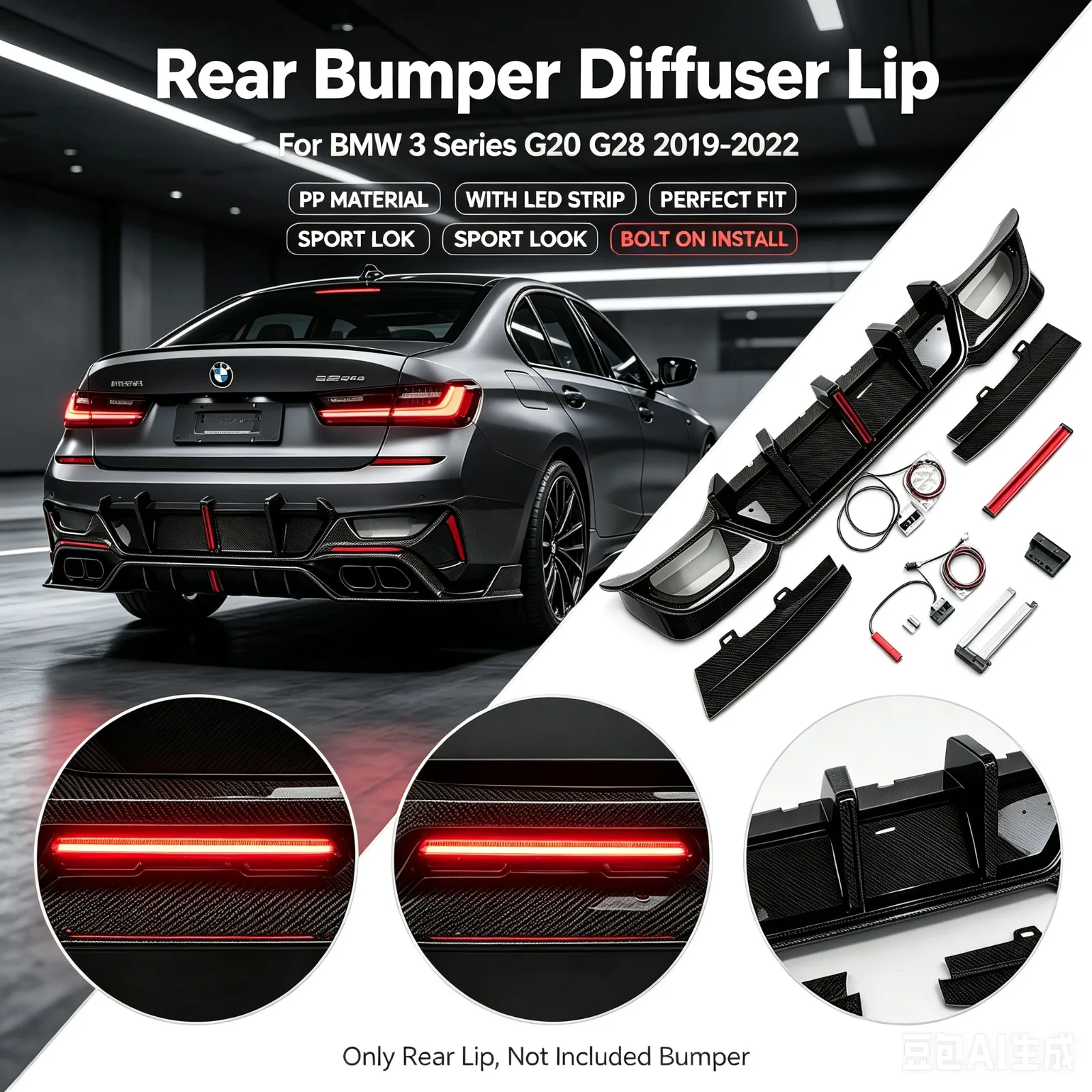 Heckdiffusorlippe mit LED-Licht für BMW 3er G20 G28 2019-2022 PP Heck-Luftleitblech-Modifikation