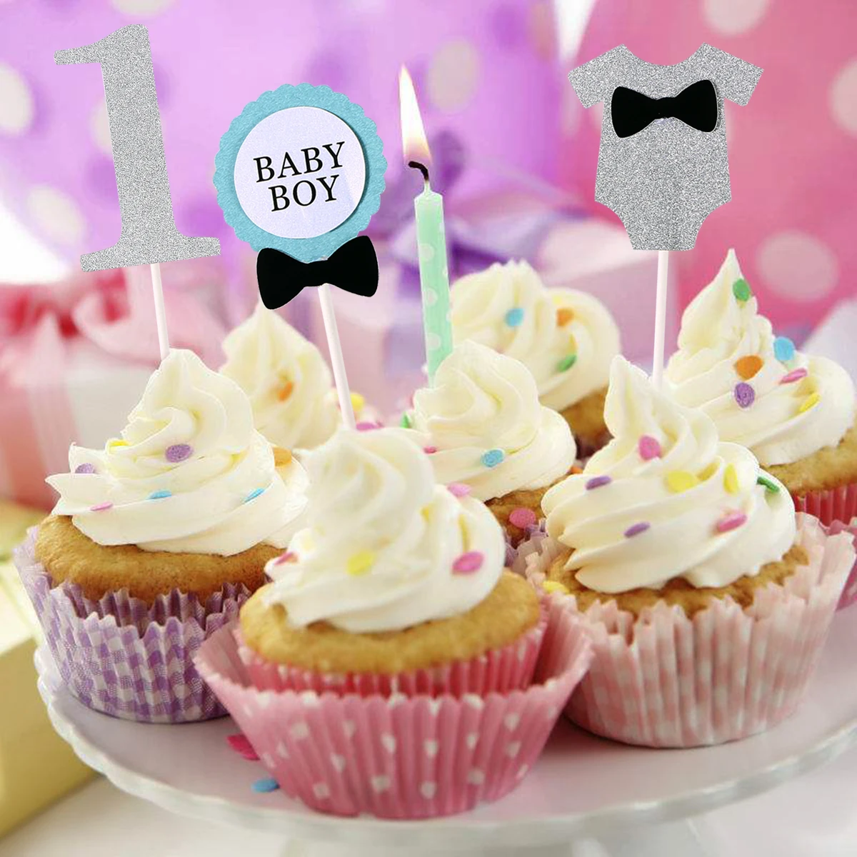 

Cake Topper for 1st Baby Boy Birthday Decor Sweet Tie Clothes Design Novelty Figure Paper Wood Party Cake Decor