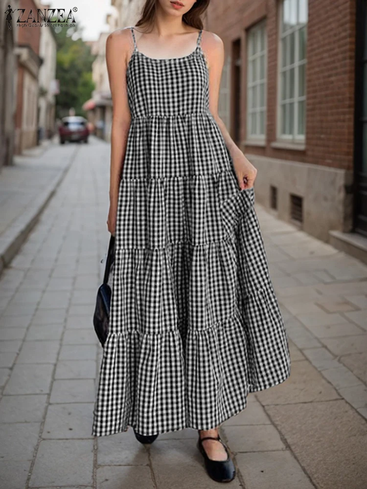 Fashion Summer Plaid Checked Sundress ZANZEA 2025 Women Maxi Dresses Stylish Casual Holiday Robe Vintage Strap Vestidos Oversize