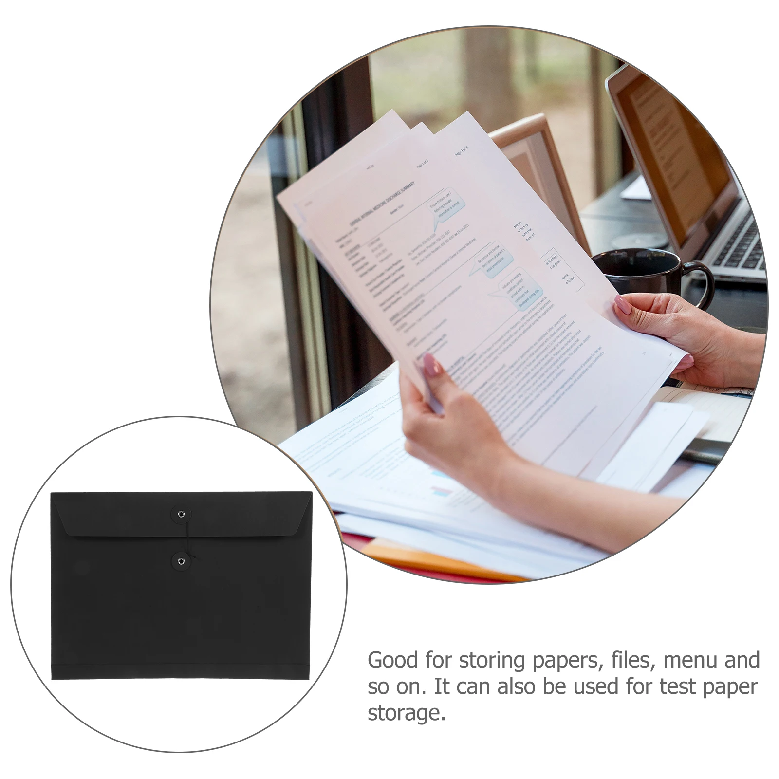 

5pcs A4 Document Wallets Thick File Holders 34x25x4cm Black Card 250g String Button School Office Storage Organizers