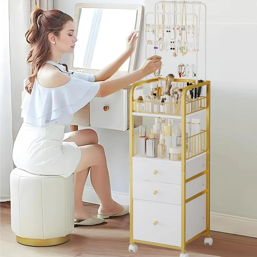 3-Drawer Makeup Organizer Cart with Jewelry Storage, Large Vanity Organizer for Cosmetics Skin Care Perfume Brushes Gold