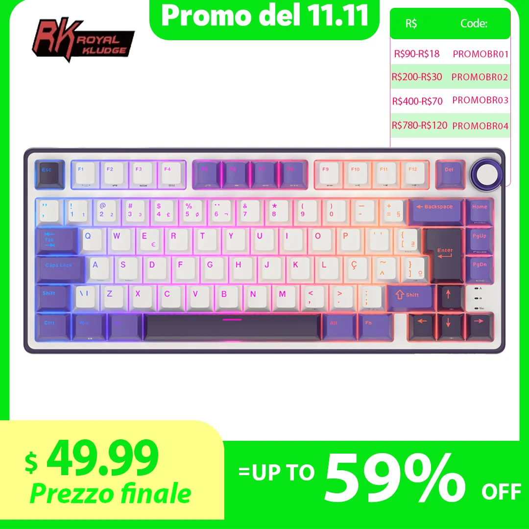 

RK R75 Бразильская португальская механическая клавиатура 81, прокладка, RGB-подсветка, горячая замена, геймерская клавиатура, Бразилия RK Royal Kludge