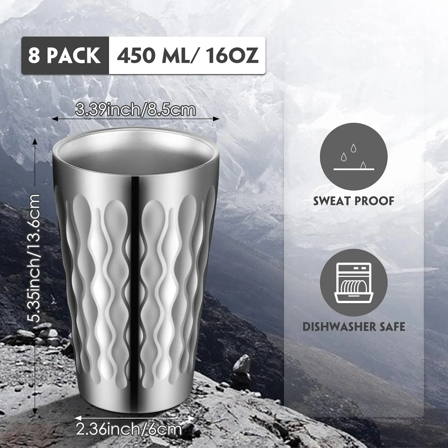 8 Pack 16oz Stainless Steel Cups Pint Cup Metal Double Layer Insulated Drinking Cups Beer Water Tumbler Camping Reusable Stackab