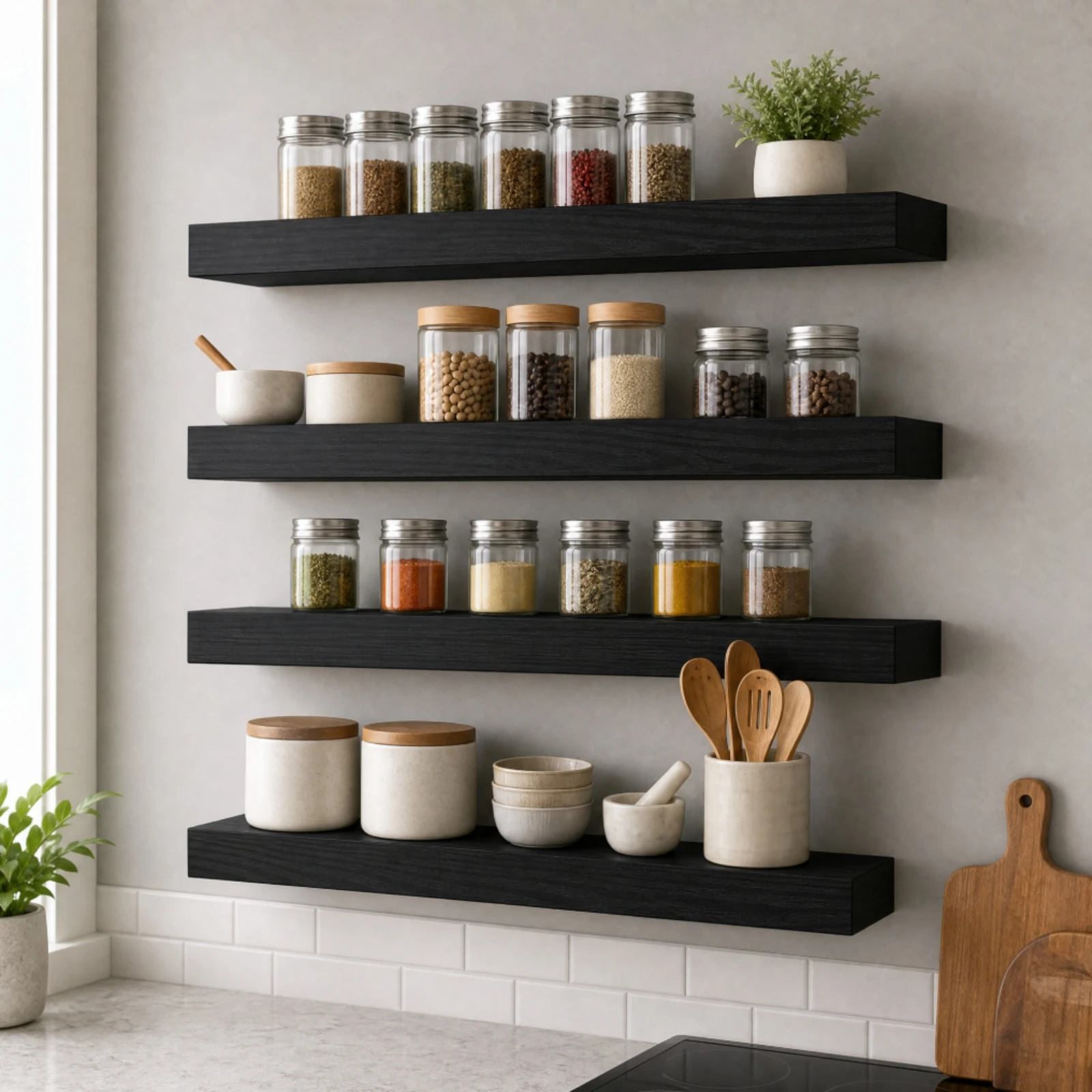 4 Pieces Wooden Floating Wall Shelf Slim Floating Shelf with Concealed Metal Bracket Shelves Modern Farmhouse