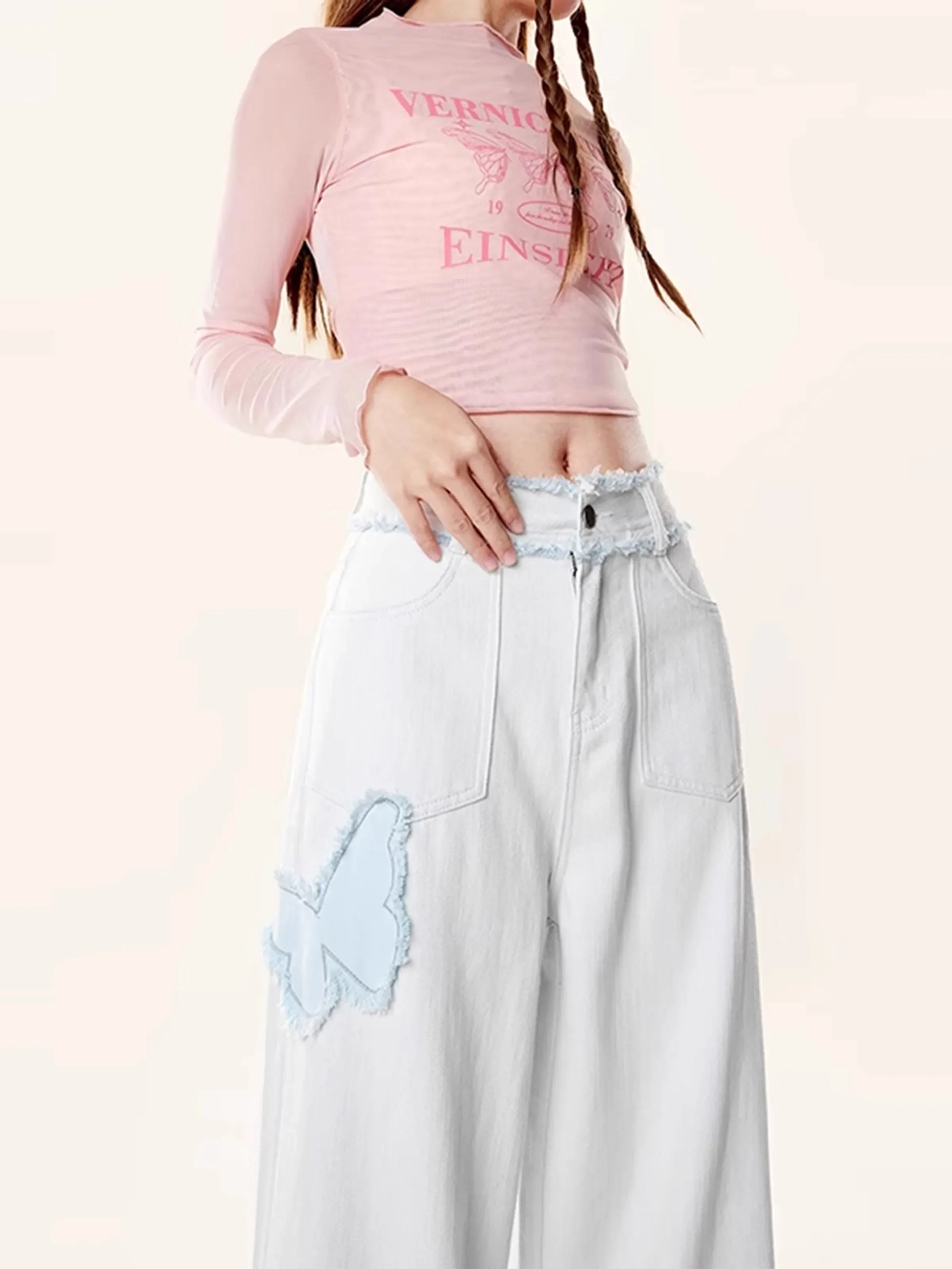 여성 빈티지 자수 나비 Y2k 청바지 하라주쿠 한국 패션 레트로 와이드 레그 팬츠 스트릿웨어 스트레이트 트라우저