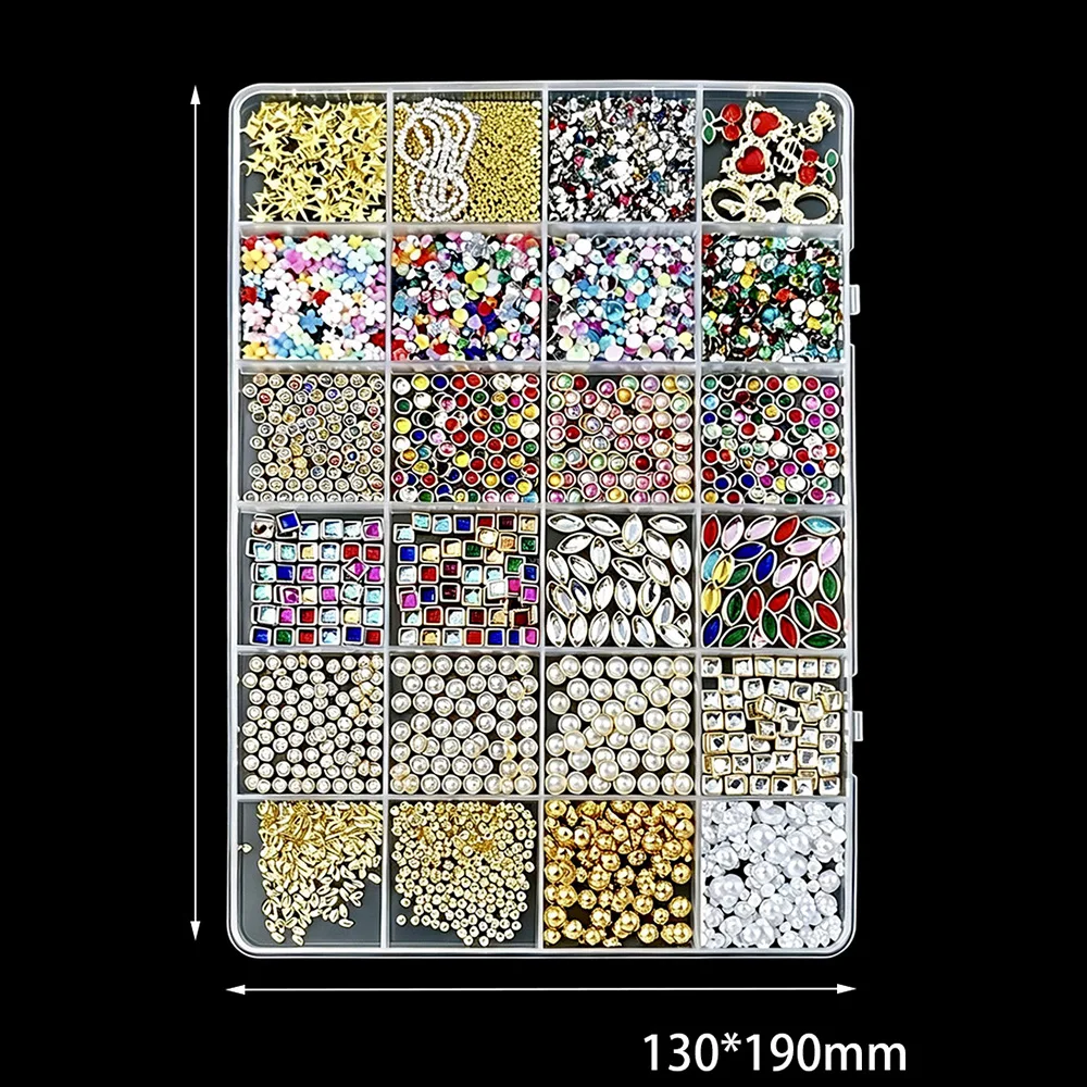 DIY Nail Art Decorations 24 Grids Set with 3D Flat Back Nail Charms Vintage Pendants Star Flower Pearl Rhinestone Gems and Tools view 4