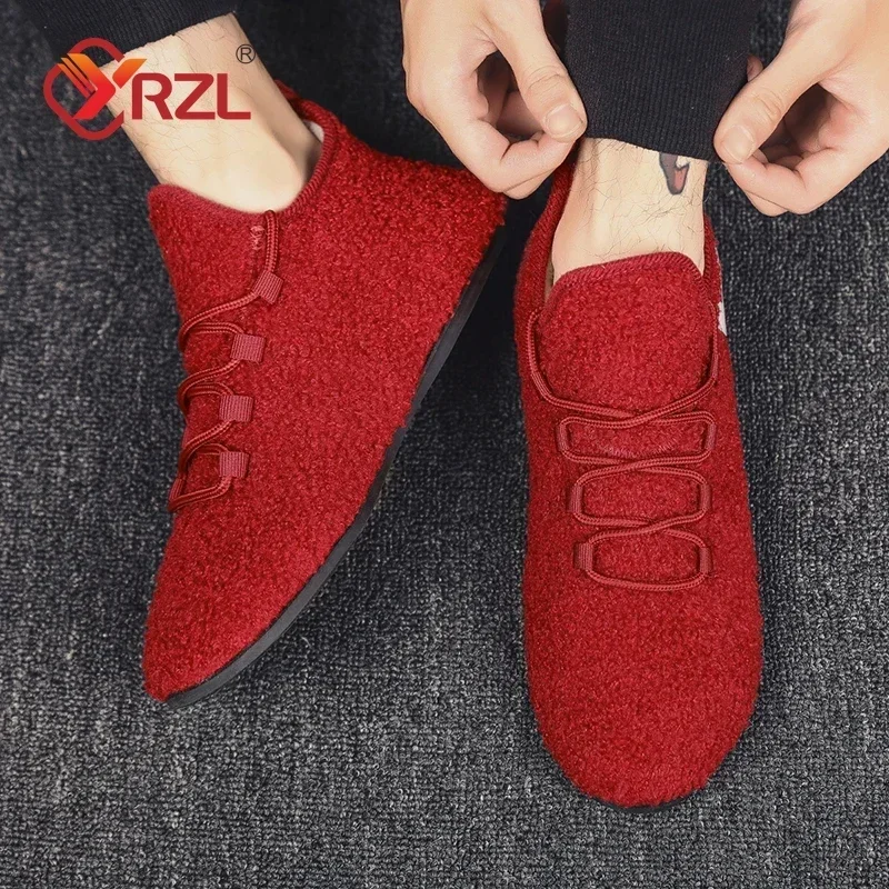 YRZL Winter Cotton Shoes Men Warm Lace Up Lightweight Winter Slippers Men Plush Bedroom Home Cotton Loafers Men Warm Shoes