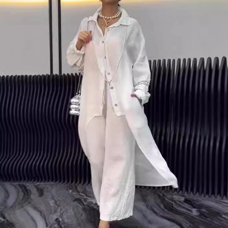 Cotton Linen Solid Color Crochet Set Spring Lapel Button Irregular Top Wide Leg Pant Women 2 Pieces Long Sleeve Fall Suit Outfit