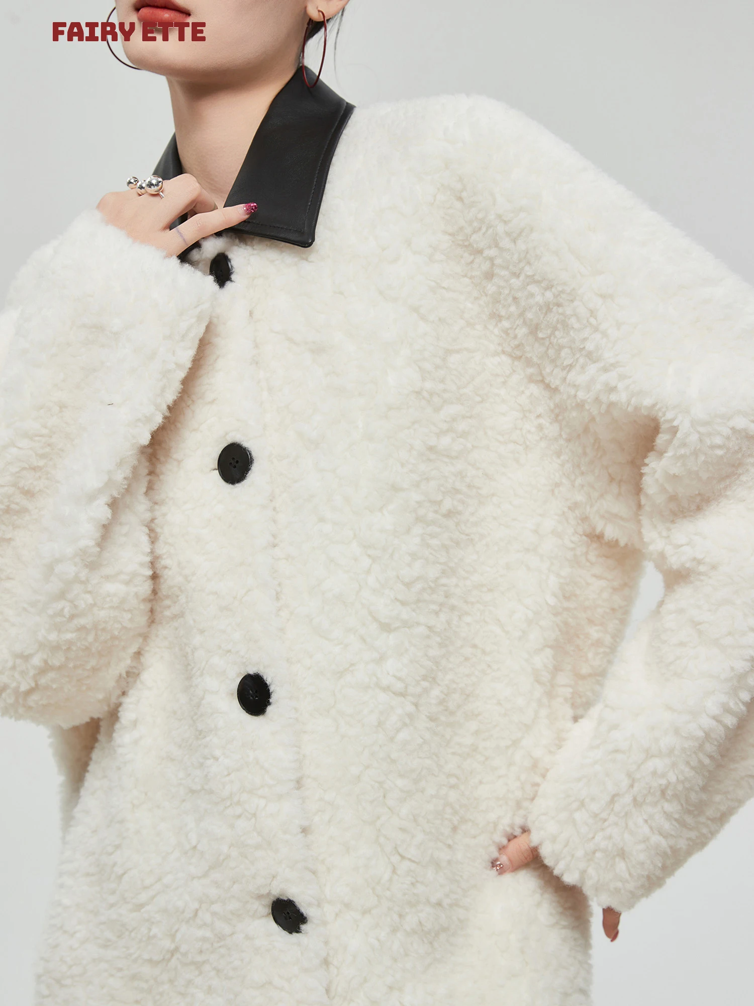 

White Lamb Fur Collar Mid-Length Jaet Women's Oversize Thiened Polyester Fiber Outerwear Commute Sle Winter Coat