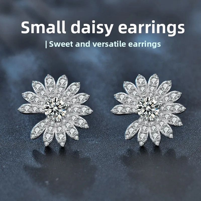 

S925 Sterling Silver 1CT D Color Moissanite Daisy Stud Earrings for Women, Exquisite Fine Jewelry Gift.