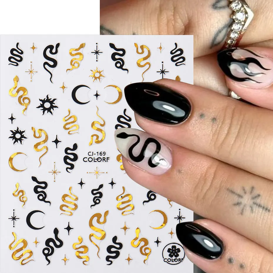 สติกเกอร์ตกแต่งเล็บลายงูสีทองดำ 7 ชิ้น สติกเกอร์เล็บลายสัตว์พิมพ์ลายทอง 3 มิติ สไตล์ Y2K ลายดวงอาทิตย์ ดาว เรขาคณิต สไตล์ญี่ปุ่น