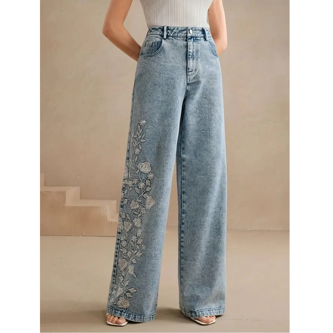 Y2k السراويل الجديدة 2025 الاتجاه الجينز للمرأة حجم كبير الراحة تمتد غسلها الدنيم التطريز تصميم الأزياء مستقيم الساق