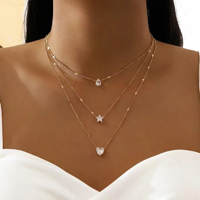 Fashion Gold Color 3 Layered Crystal Necklace for Women White Cubic Zirconia Heart Star Pendant Necklace Jewelry Gift