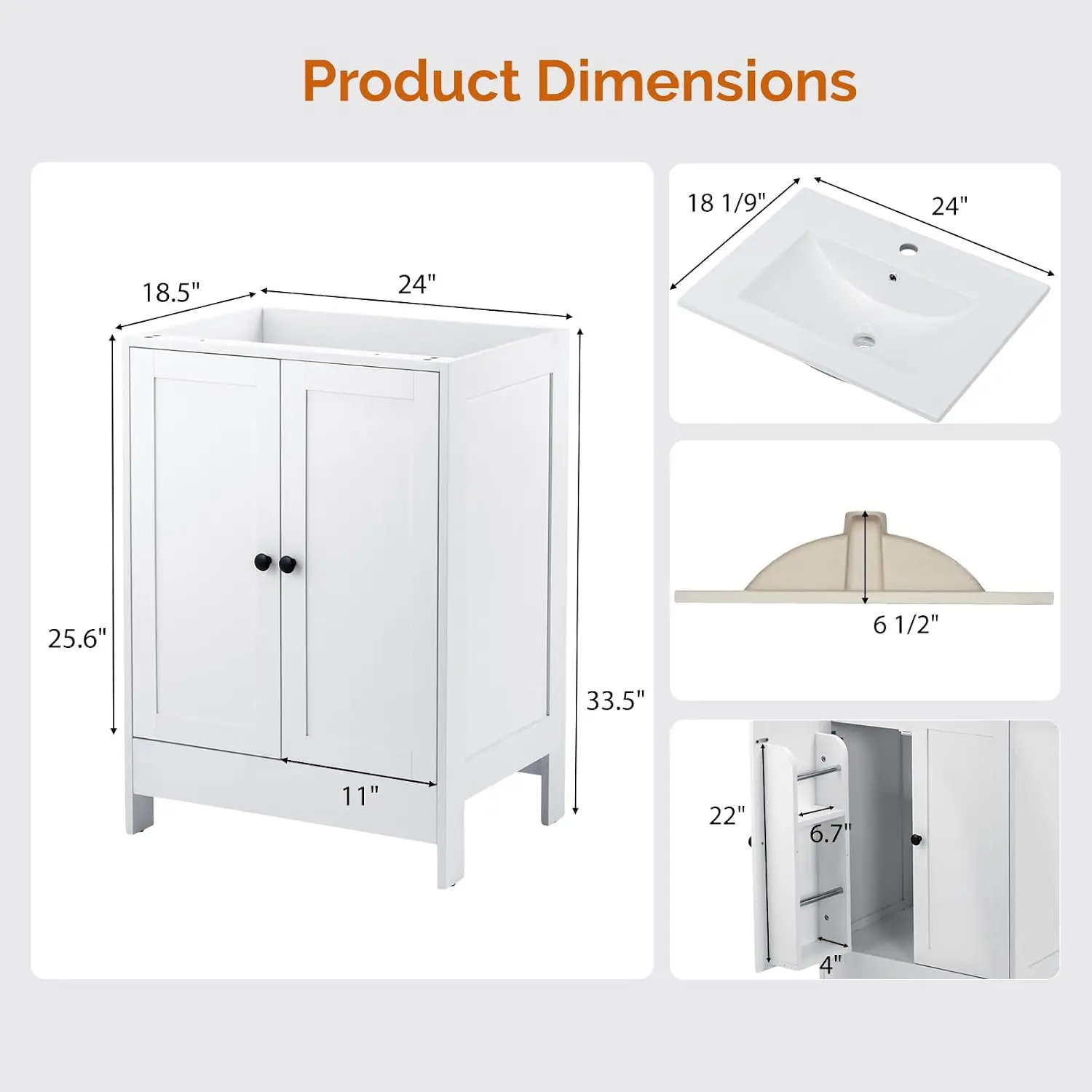 24 Inch White Bathroom Vanity with Sink, Modern Freestanding Sink Vanity with Soft-Close Doors and Storage Shelves