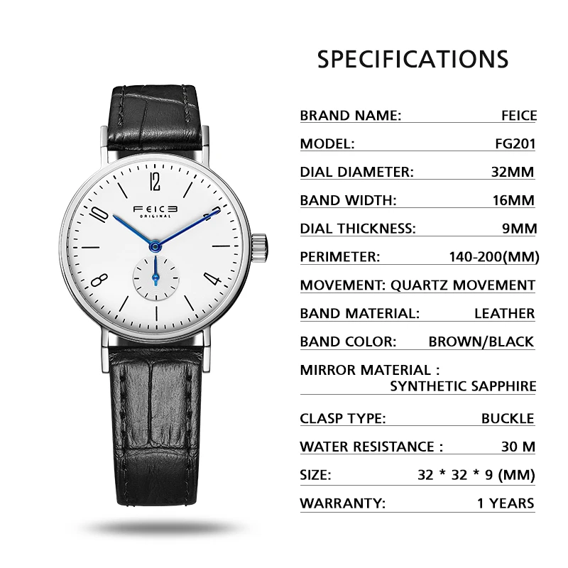 FEICE Round Bauhaus Women Quartz Watch Analog Display Casual Leather  Watches Fashion Synthetic Sapphire Quartz Watch for Women