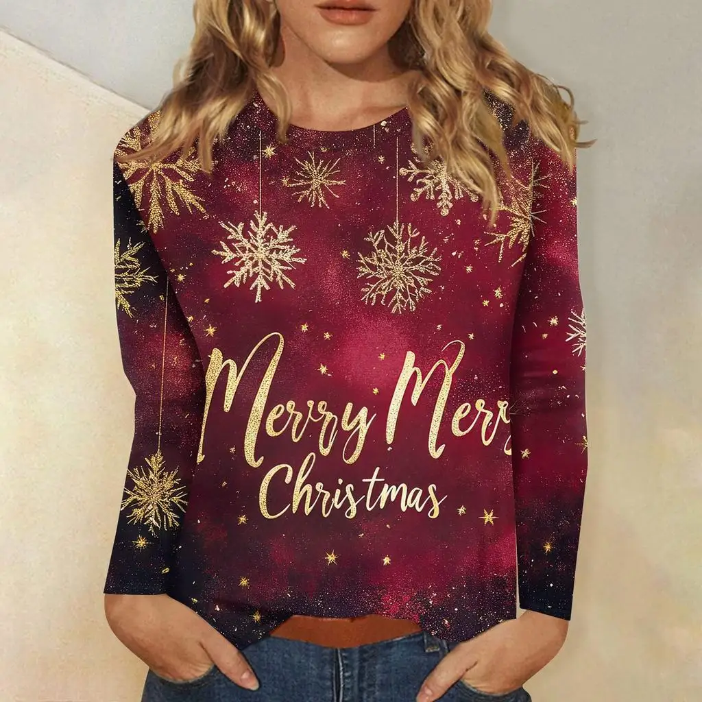 

Рождественская ограниченная серия, женская футболка с 3D красным принтом Merry Christmas, круглым вырезом и длинными рукавами, модный повседневный топ с длинными рукавами