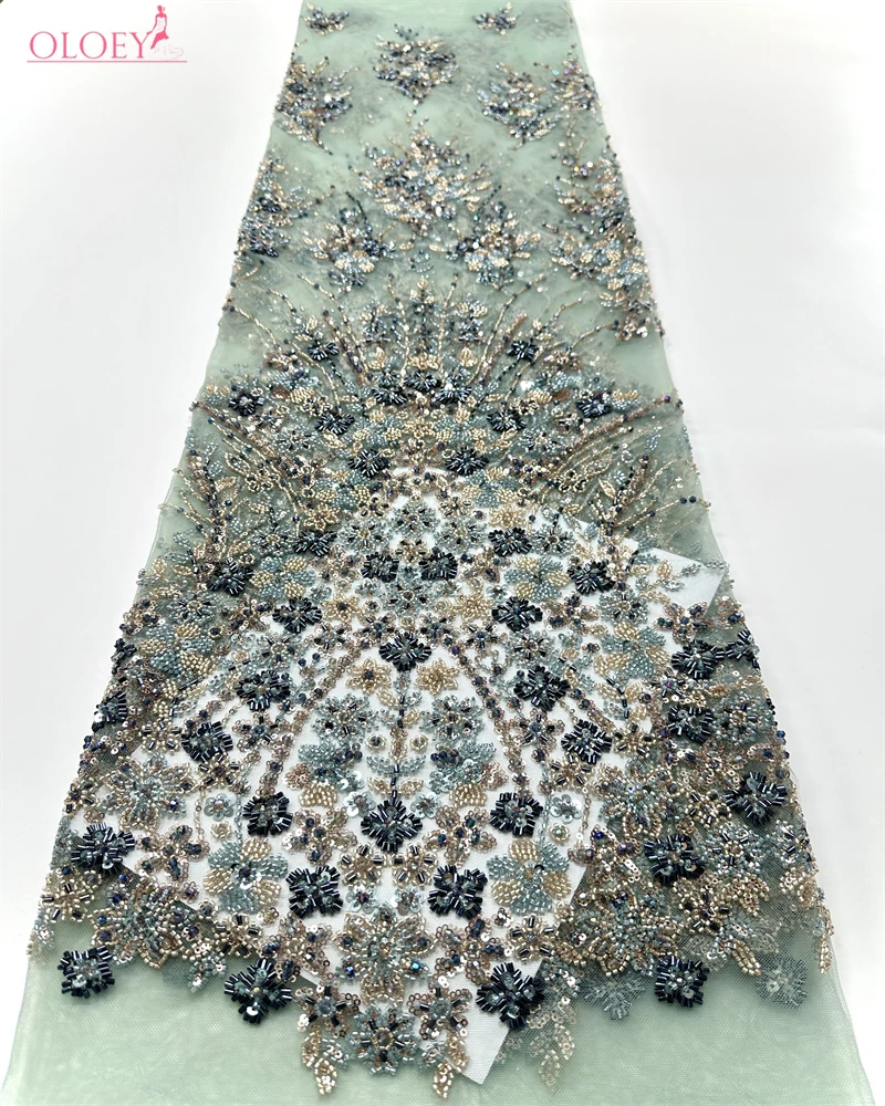 

OLOEY High-End French Sequins Lace Fabric African Nigerian Beaded Embroidery for Weddi Party Dresses 1 Yards