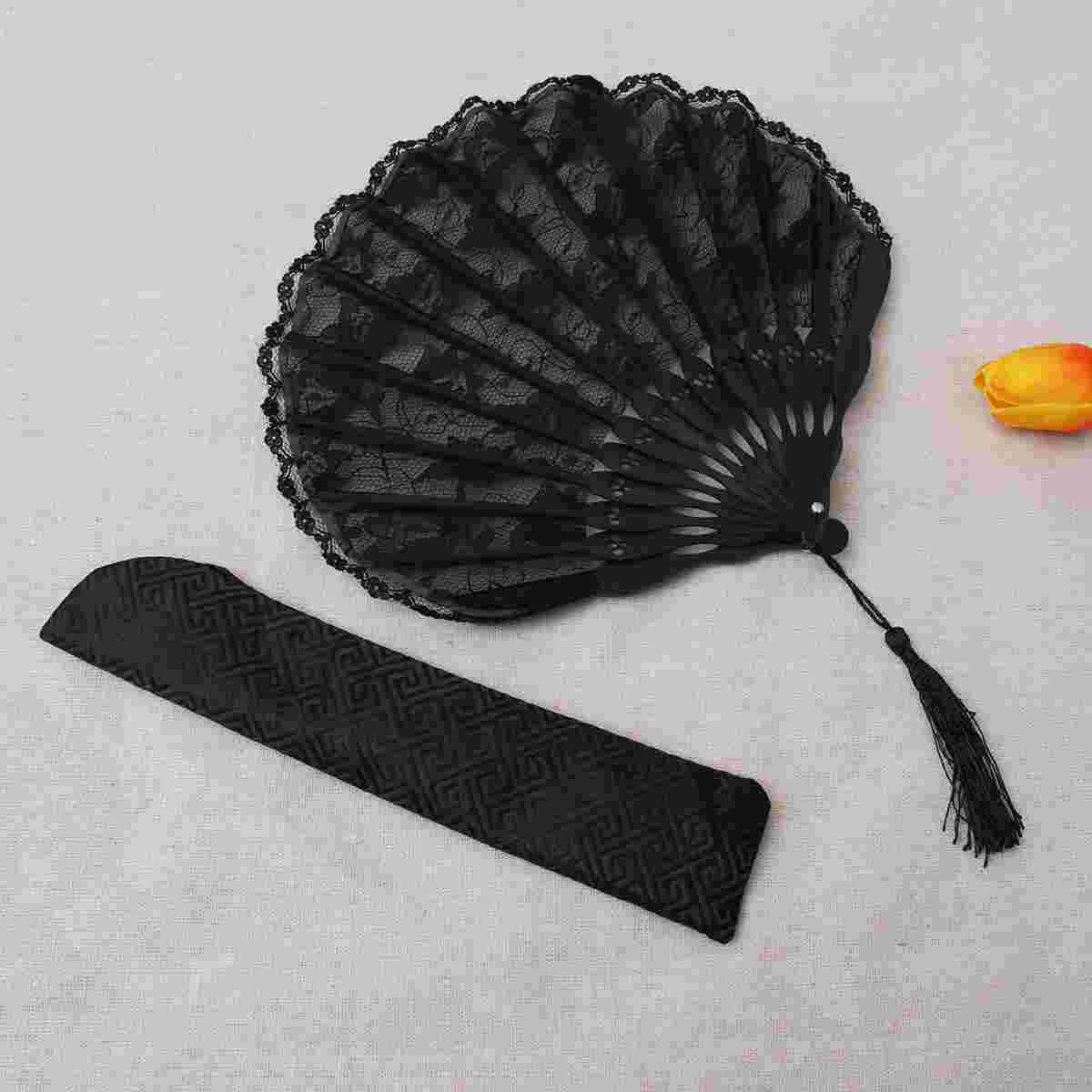 Decorative Folding Fans Character Oriental Hand Held Handheld Lace Black Open Bamboo Miss