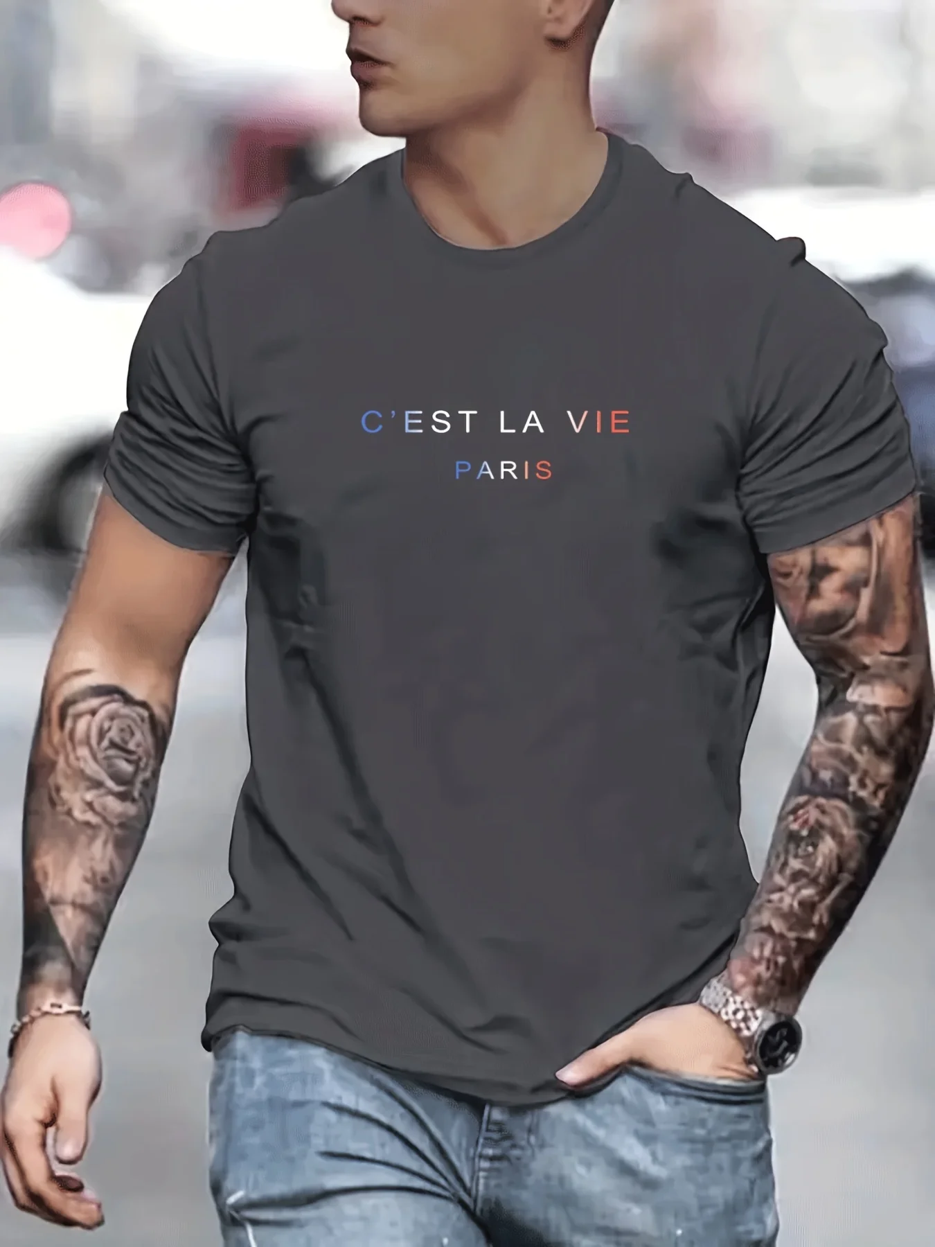 Men's summer 100% pure cotton fashionable casual loose Paris letter printed round neck short sleeved T-shirt top image 3
