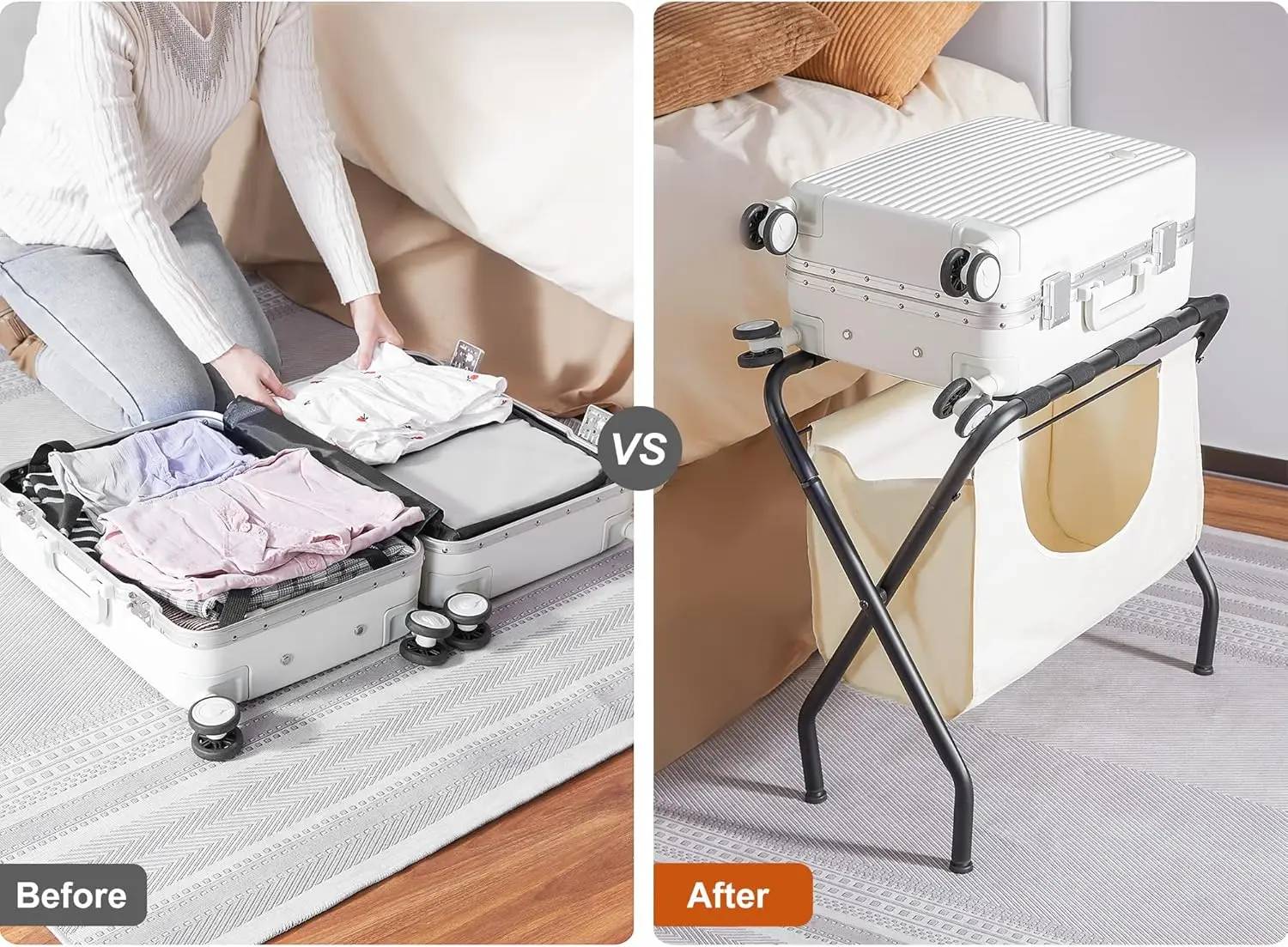 2 Pack Luggage Rack with Laundry Bag, Guest Room Folding Space Saving Suitcase Holder, Max 110LBS Baggage Shelf