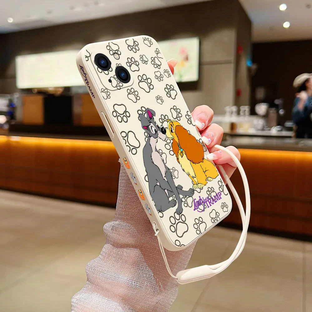 Cute Lady And The Tramp Phone Case For iPhone 15 14 13 12 11 Pro Max Mini X XR XS 8 7 Plus Soft Silicone Cover With Hand Strap