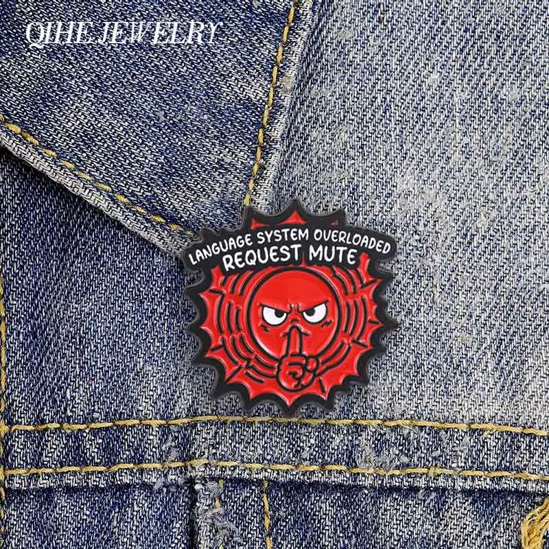 Language System Overloaded Request Mute Badge Enamel Pins Cartoon Comic Burst Red Face Shushing Gesture Brooch Bag Badge Jewelry