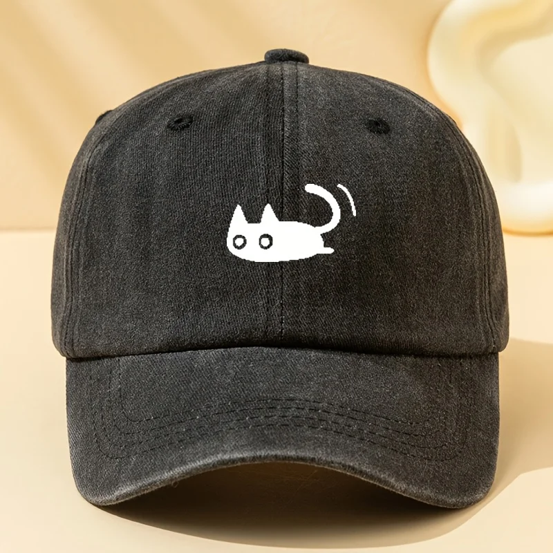 Cartoon cat printed baseball cap with adjustable size, unisex curved brim cap suitable for sun shading during outdoor sports