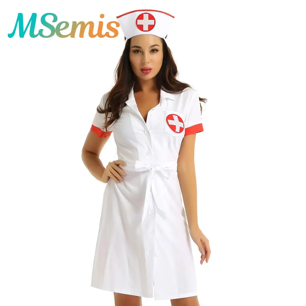 

Womens Femme Nurse Uniform Lapel Collar Short Sleeve Button Down Uniform Dress with Belt And Hat Carnival Cosplay Party Costume