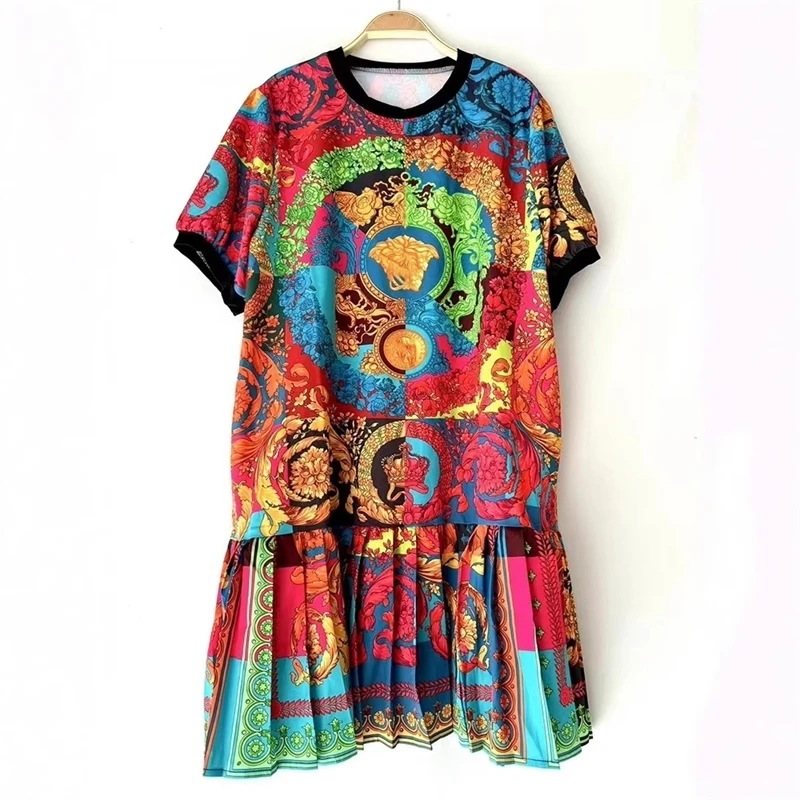 

Designer Retro Geometric Print Round Neck Pullover Dress Summer Women's Fashion T-inch Skirt Loose Pleated Skirt Peng Skirt