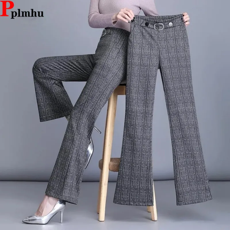 

Plaid Ankle-length Flare Suit Pantalones Office High Elastic Waist Casual Elegant Korea Boot Cut Pants Women Broek New Spodnie