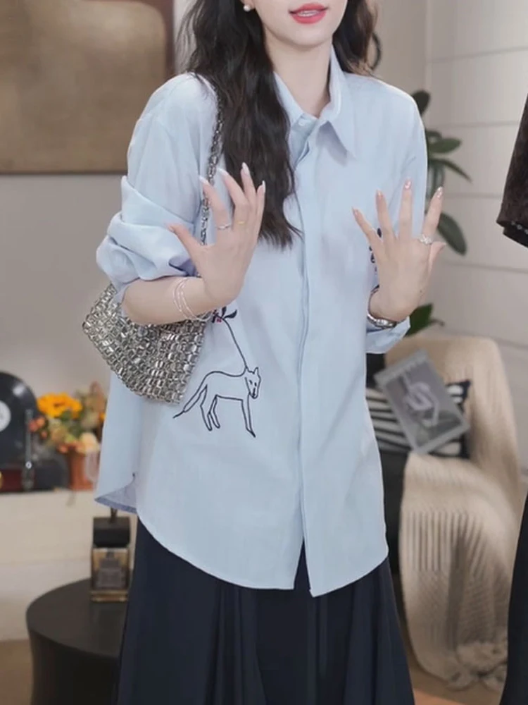 

Новая модная женская свободная повседневная рубашка с длинным рукавом, вышивкой и пуговицами, весна-лето, в стиле Lazy Style, цвет синий