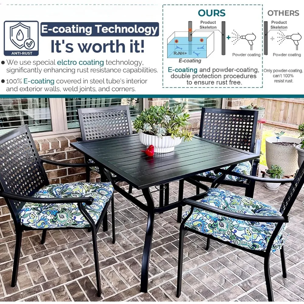 5 Pieces Outdoor Meal Dining Set for 4, Square Wrought Iron Table & Stackable Dining Chairs, Heavy-Duty Dining Furniture Set