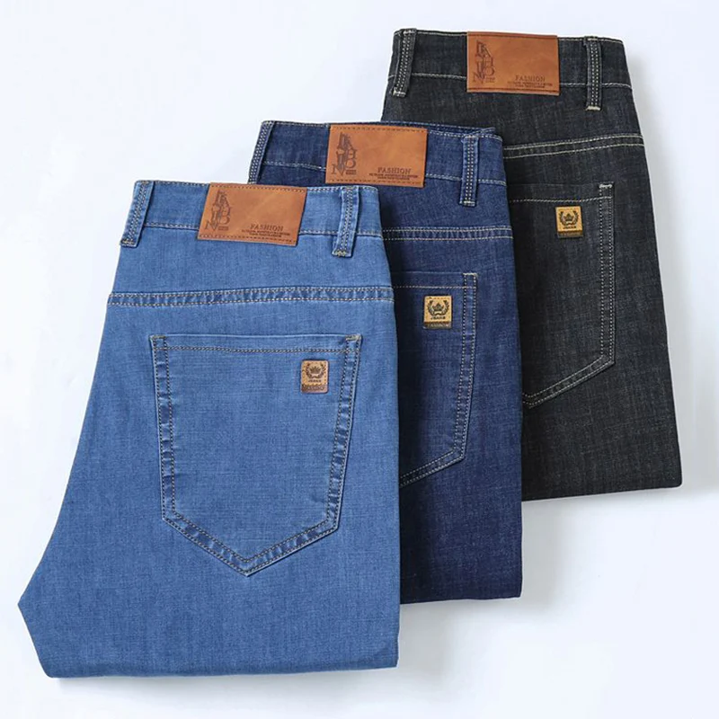 Male Fashion High Waisted Stretch Denim Pants Men Business Casual Straight Jeans High Quality Breathable Light Blue Trousers