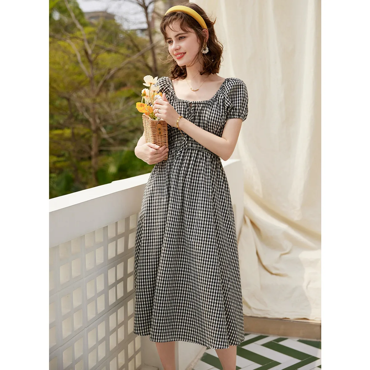 LOUIS YAO Plaid Puff Sleeve Dress French Style Square Neck Short Sleeve Check Dress 2024 Summer A-LINE Casual Long Dress