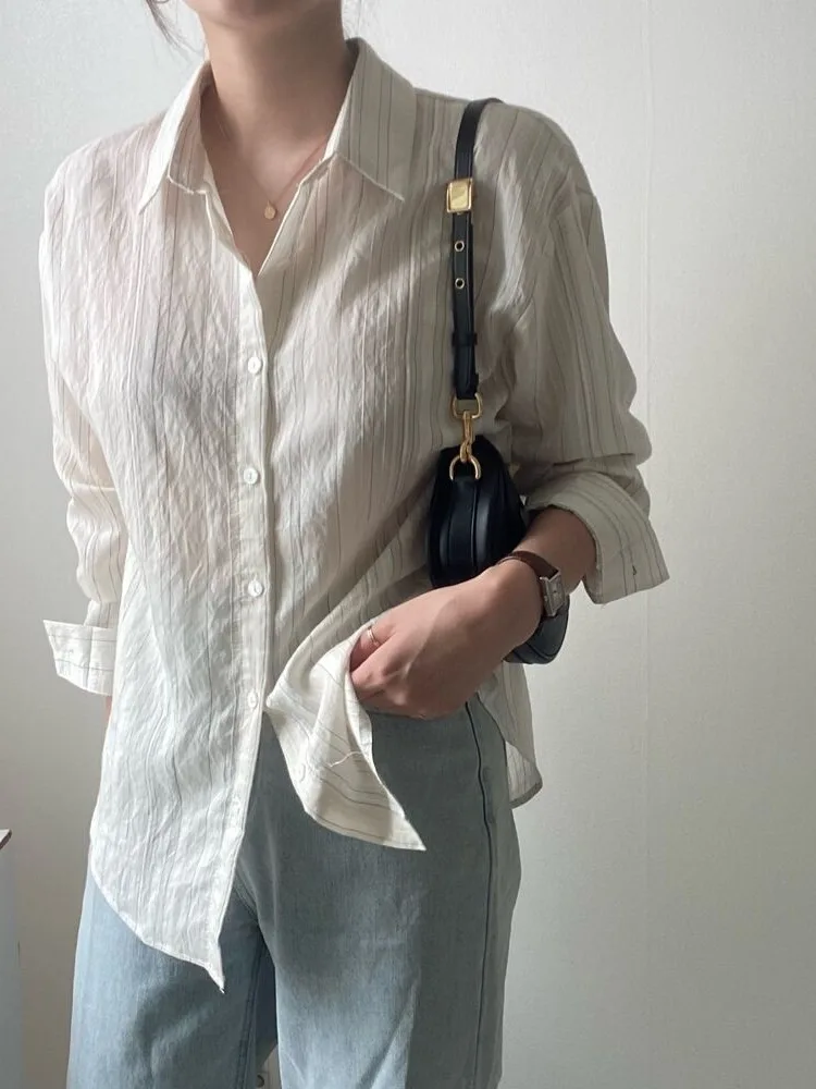 Ele Slimming Long Sve irt Chic Single Button Fem Top Faionable Busin Casual Wear for Young Women