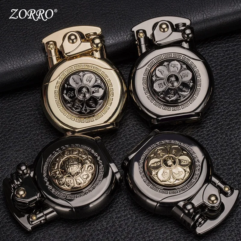 Zorro's Rocker Six-character Mantra Kerosenes Lighter Twelve Zodiac Armor Rotating Round Watch Lighter Smoke Accessories Gift