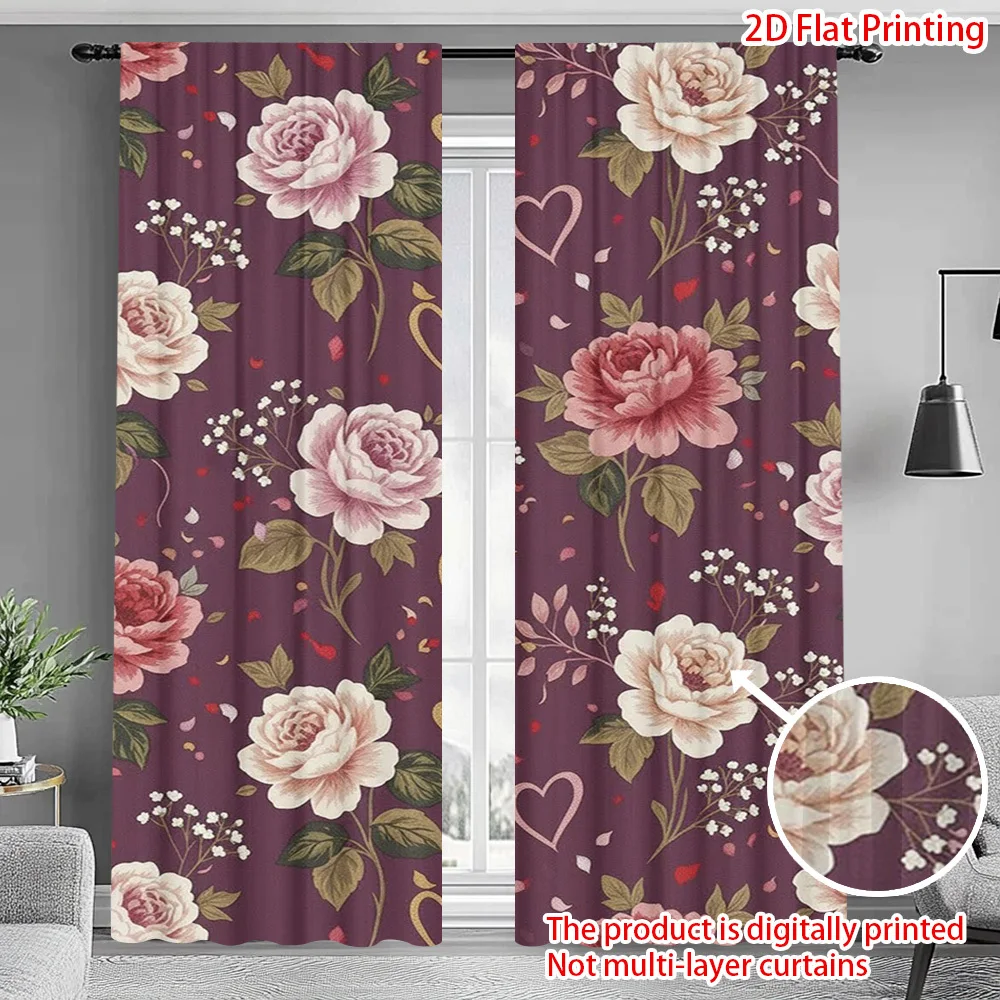 Rose and Heart Design Print Drapes Room Darkening Window Curtains for Home Decor,Rod Pocket Blackout Curtains Bedroom