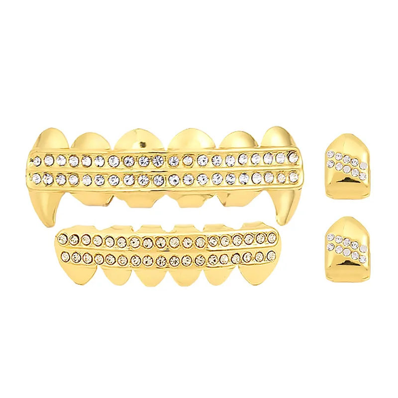 Hot Selling Hip-Hop In Europe America BlindingTeeth Gold-Plated Double Row Zircon Braces Halloween Tooth Decoration