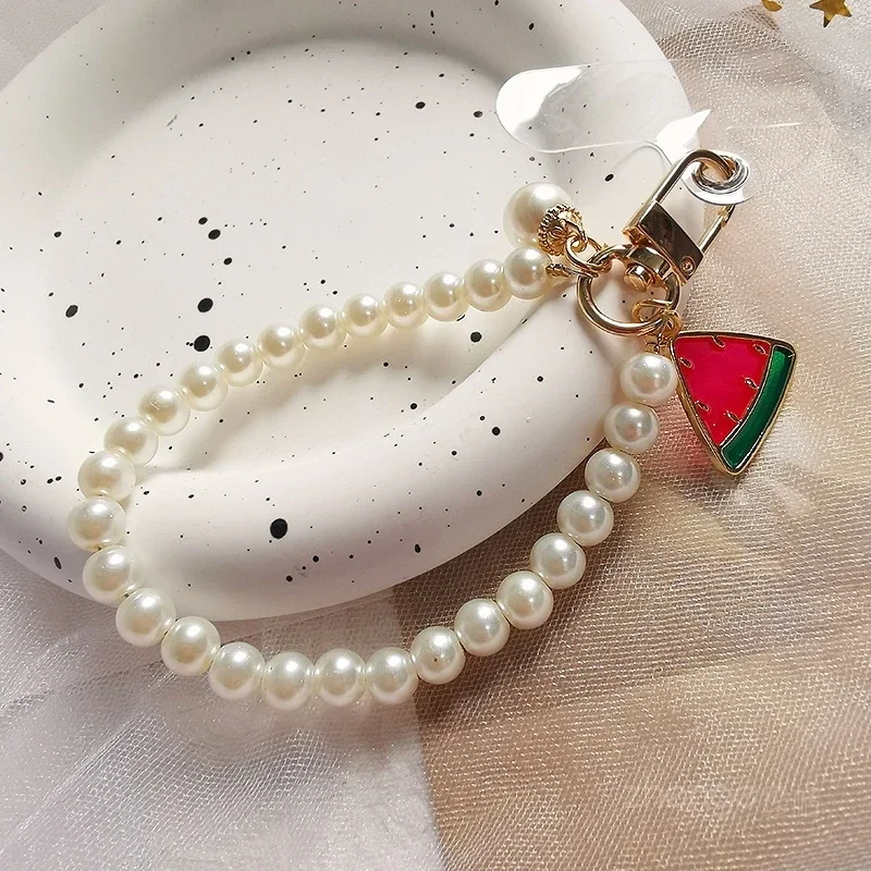 Mobile Phone Lanyard with Handmade Beaded Chain Gasket Style Phone Universal Lanyard Watermelon Slice Pearl Short Wrist Strap