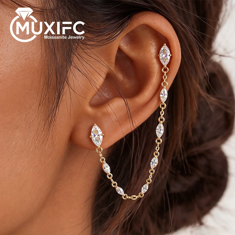 4.4cttw Full Marquise Cut Moissanite Connected Stud Earrings  for Women S925 Silver Long Drop Double Ear Piercing Linked Jewelry