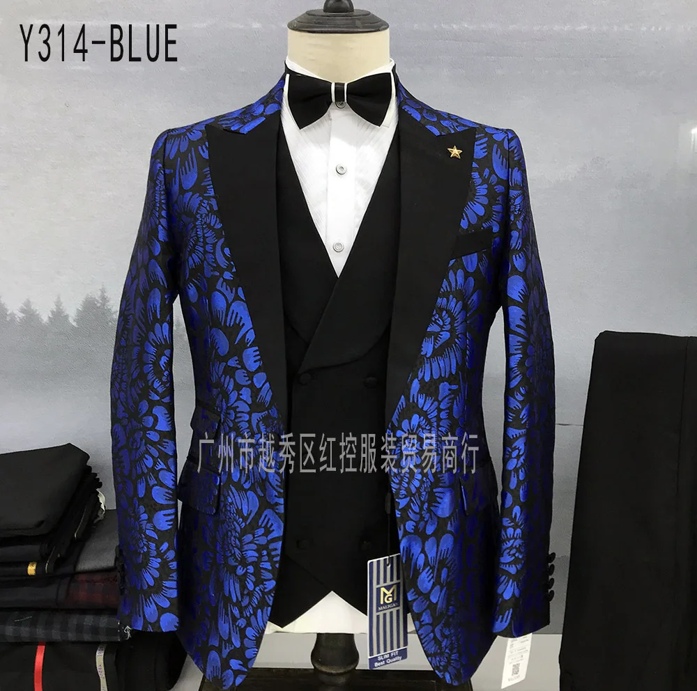 

Floral Printed Men's 3 Pieces Suit Slim Fit Wedding Peak Lapel Jacket Vest Pants Set Prom Party Business Luxury Blue Men Tuxedos