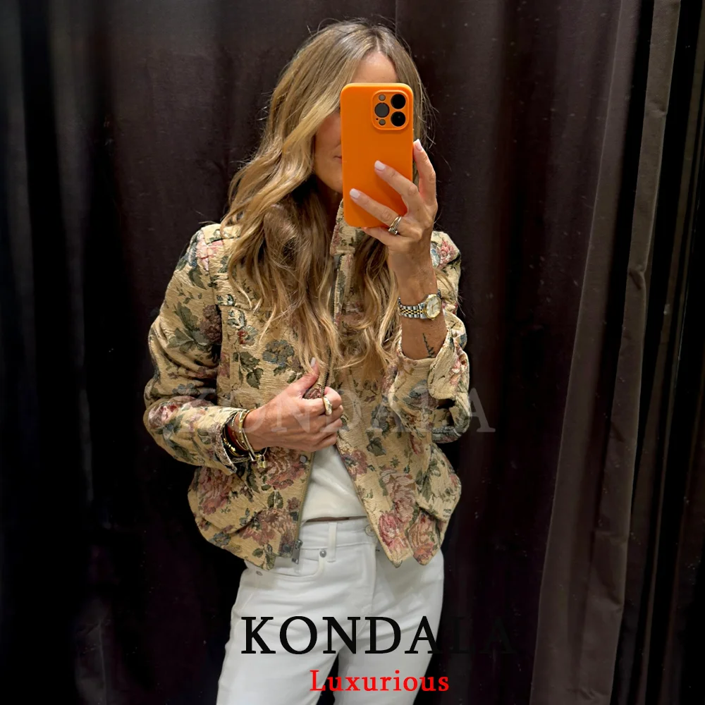 KONDALA Elegant Casual Chic Women Jacket Floral Stand Collar Button Long Sleeve Jacket Fashion 2026 Autumn Night Out Jacket