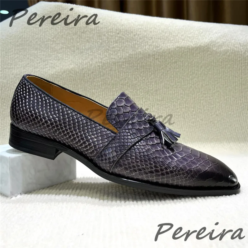 Summer New Men's Loafers Tassel Snake Pattern Cowhide Slip On Business Casual Shoes Trendy Pointed Toe Banquet Party Dress Shoes