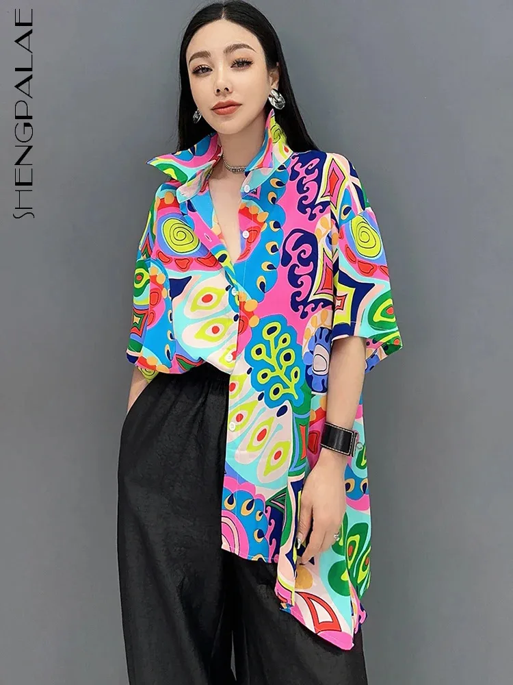

SHENGPALAE Women's Printed Shirt Irregular Tailed Loose Fashion Casual Short Sleeved Top Female 2024 Spring Summer New 5C1067
