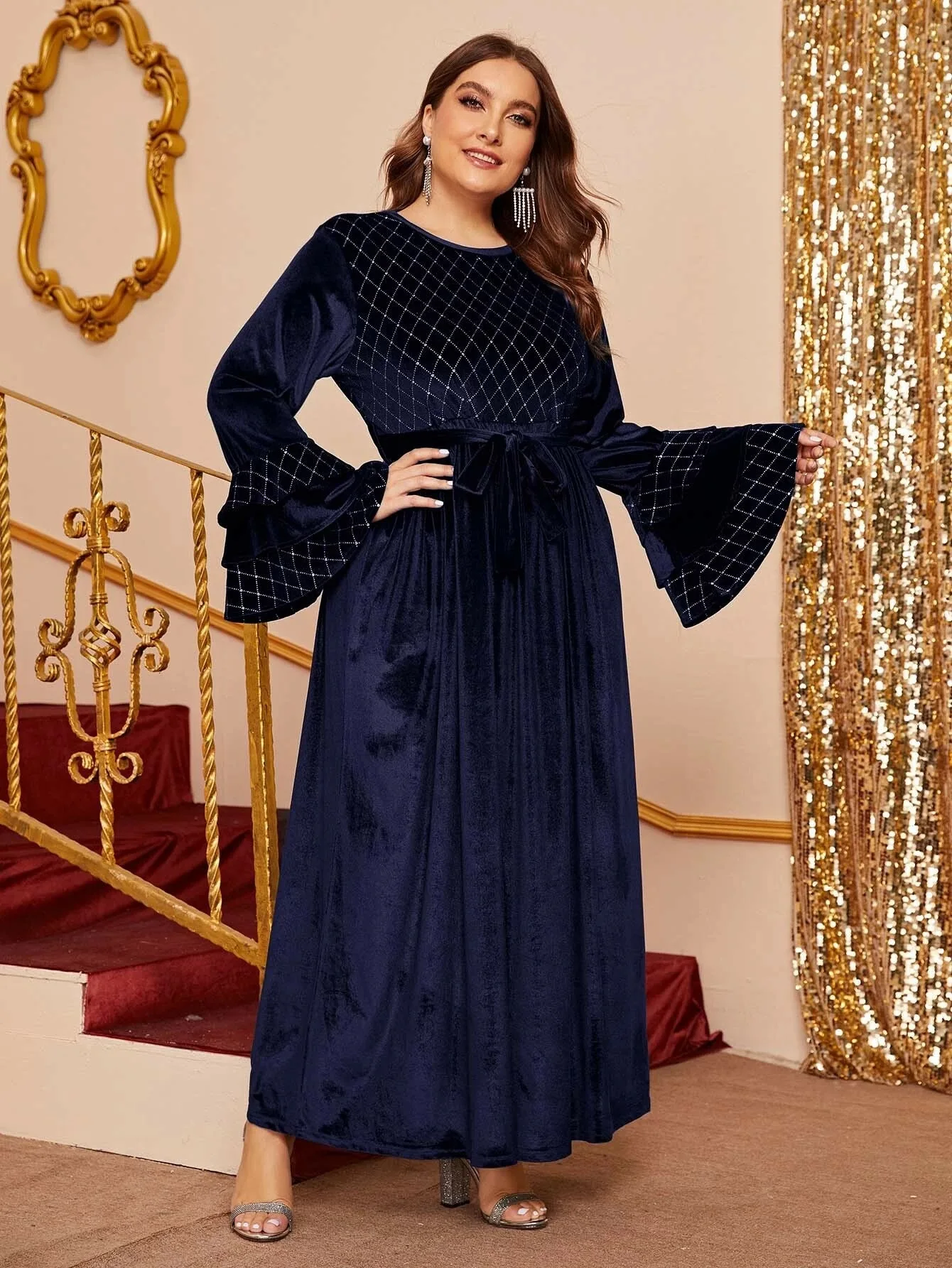 Women Dresses Fashion Plus Size Striped Flared Sleeve Velvet Casual Dress Temperament Elegant Lady Evening Party Long Dresses