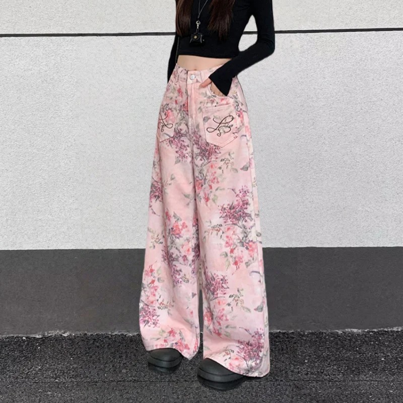 2025, Trend Y2K-Stil, Blumen, bedruckt, rosa Baggy-Damenjeans, Hosen, Damenbekleidung, koreanische lässige Baumwolle, lange Hosen, Ropa Mujer